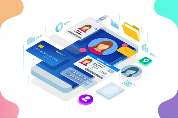 Aplicación de información de datos personales isométricos, concepto privado de identidad. Datos digitales Secure Banner. Ilustración vectorial de tecnología biométrica para reconocimiento de identidad personal y autenticación de acceso . — Archivo Imágenes Vectoriales