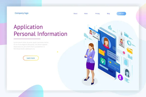 Приложение "Изометрические персональные данные", предназначенное для частного пользования. Цифровые данные Secure Banner. Векторная иллюстрация биометрических технологий для идентификации личности и аутентификации доступа . — стоковый вектор