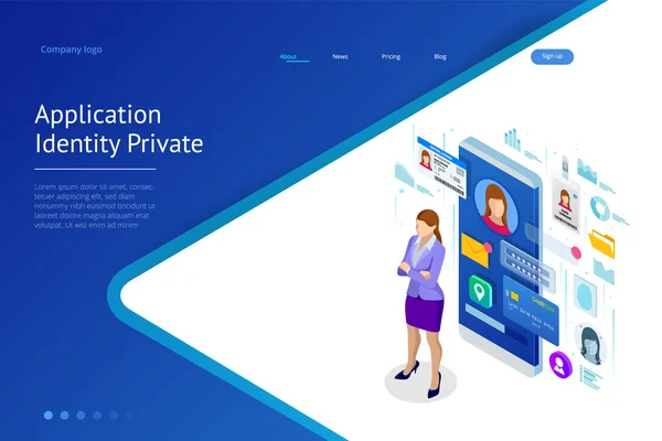 Isometric Personal Data Information App, Identity Private Concept. Digital data Secure Banner. Biometrics technology vector illustration for personal identity recognition and access authentication. — Stock Vector