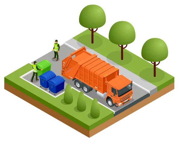 Isometrisk sopbil eller återvinna lastbil i City. Garbage återvinning och Utilization utrustning. Staden avfall återvinning koncept med sopbil. Vektorillustration — Stock vektor