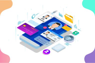İzometrik kişisel veri bilgi App, kimlik özel kavram. Dijital veri güvenli afiş. Biyometrik teknoloji vektör çizim kişisel kimlik tanıma ve erişim kimlik doğrulaması için.