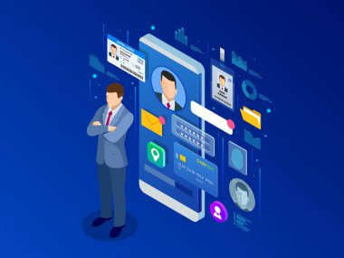 İzometrik kişisel veri bilgi App, kimlik özel kavram. Dijital veri güvenli afiş. Biyometrik teknoloji vektör çizim kişisel kimlik tanıma ve erişim kimlik doğrulaması için.