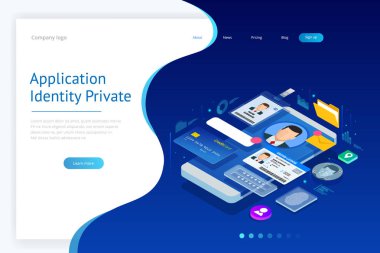İzometrik kişisel veri bilgi App, kimlik özel kavram. Dijital veri güvenli afiş. Biyometrik teknoloji vektör çizim kişisel kimlik tanıma ve erişim kimlik doğrulaması için.