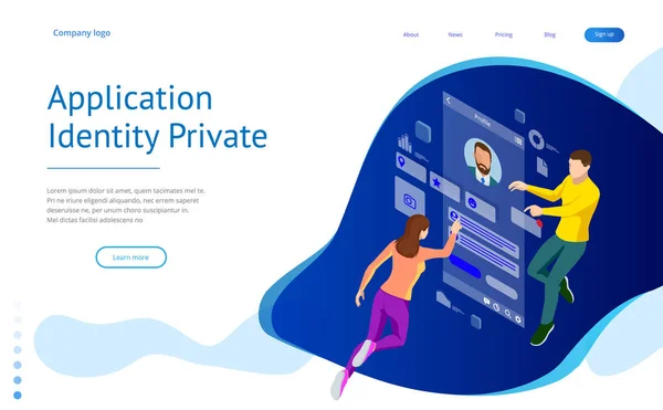 Isometrische persoonlijke gegevens informatie App, identiteit privé Concept. Digitale data Secure Banner. Biometrie technologie vectorillustratie voor de persoonlijke identiteitsverificatie voor erkenning en toegang. — Stockvector