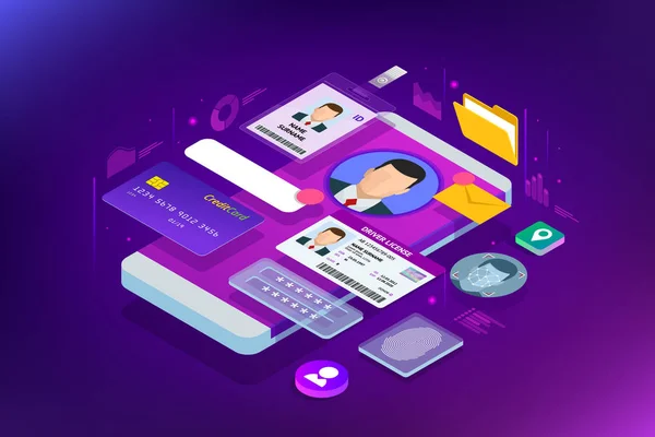 Isometric Personal Data Information App, Conceito Privado de Identidade. Dados digitais Secure Banner. ilustração vetorial de tecnologia biométrica para reconhecimento de identidade pessoal e autenticação de acesso . —  Vetores de Stock