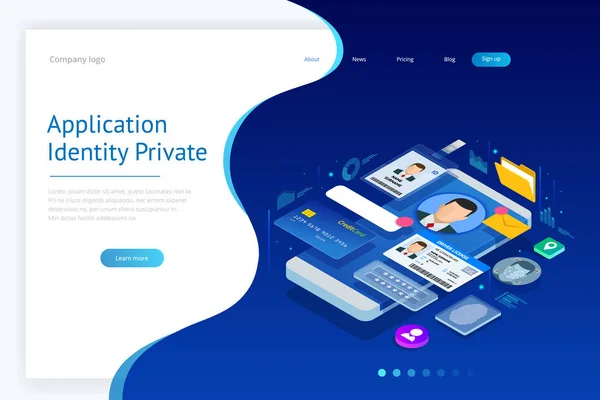 Izometrikus személyes adatok információs App, identitás Private koncepciója. Digitális adatok biztonságos Banner. Biometrikus technológia vektoros illusztráció a személyi elismerés és szolgáltatás hitelesítési. — Stock Vector