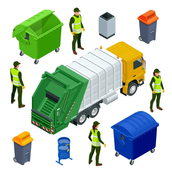 Isometrica camion della spazzatura o camion del riciclaggio in città. Attrezzature per il riciclaggio e l'utilizzo dei rifiuti. Concetto di riciclaggio dei rifiuti urbani con camion della spazzatura. Illustrazione vettoriale — Vettoriale Stock