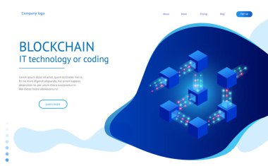Kuantum bilgisayarlar, blockchain, izometrik kavramı bu teknoloji veya kodlama. Siber bilgi bloğu. Adem-i merkeziyetçi ağ. Vektör çizim