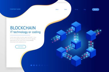 Kuantum bilgisayarlar, blockchain, izometrik kavramı bu teknoloji veya kodlama. Siber bilgi bloğu. Adem-i merkeziyetçi ağ. Vektör çizim