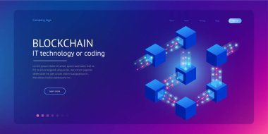 Kuantum bilgisayarlar, blockchain, izometrik kavramı bu teknoloji veya kodlama. Siber bilgi bloğu. Adem-i merkeziyetçi ağ. Vektör çizim