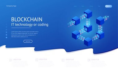 Kuantum bilgisayarlar, blockchain, izometrik kavramı bu teknoloji veya kodlama. Siber bilgi bloğu. Adem-i merkeziyetçi ağ. Vektör çizim