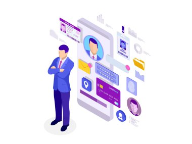 İzometrik kişisel veri bilgi App, kimlik özel kavram. Dijital veri güvenli afiş. Biyometrik teknoloji vektör çizim kişisel kimlik tanıma ve erişim kimlik doğrulaması için.