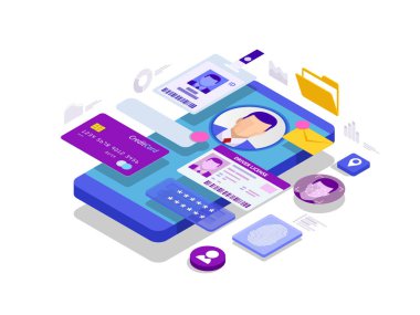 İzometrik kişisel veri bilgi App, kimlik özel kavram. Dijital veri güvenli afiş. Biyometrik teknoloji vektör çizim kişisel kimlik tanıma ve erişim kimlik doğrulaması için