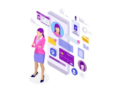 İzometrik kişisel veri bilgi App, kimlik özel kavram. Dijital veri güvenli afiş. Biyometrik teknoloji vektör çizim kişisel kimlik tanıma ve erişim kimlik doğrulaması için.