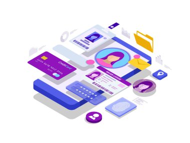 İzometrik kişisel veri bilgi App, kimlik özel kavram. Dijital veri güvenli afiş. Biyometrik teknoloji vektör çizim kişisel kimlik tanıma ve erişim kimlik doğrulaması için.