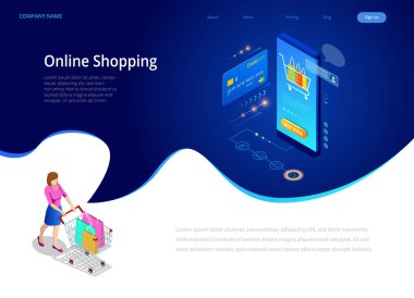 Online alışveriş, satış, tüketim ve Online mağaza. İzometrik akıllı smartphone online alışveriş şablonu. Mobil Pazarlama ve e-ticaret. Vektör çizim