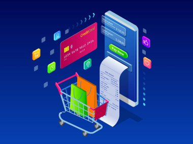 Online alışveriş, satış, tüketim ve Online mağaza. İzometrik akıllı smartphone online alışveriş şablonu. Mobil Pazarlama ve e-ticaret. Vektör çizim