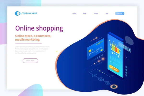 Online-Shopping, Verkauf, Konsum und Online-Shop. isometrische Smartphone-Online-Einkaufsvorlage. Mobile Marketing und E-Commerce. Vektorillustration — Stockvektor