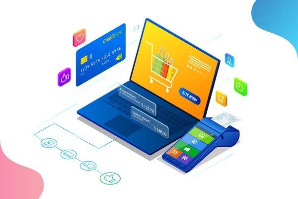 Shopping online, Vendita, Consumismo e Negozio online. Isometrica Smart smartphone modello di shopping online. Mobile marketing ed e-commerce. Illustrazione vettoriale — Vettoriale Stock