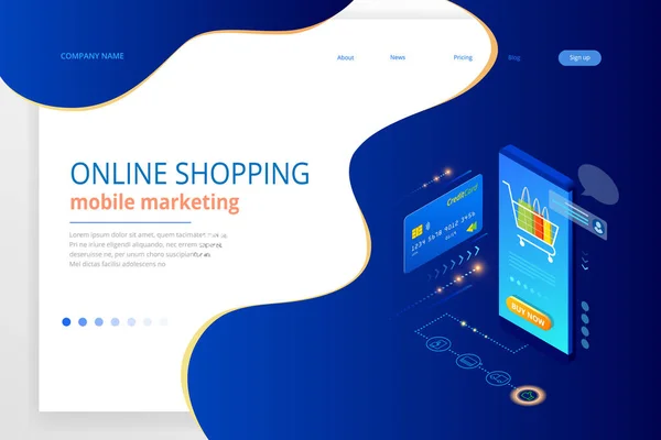 Compras online, Venda, Consumismo e Loja online. Modelo de compras on-line de smartphones Isometric Smart. Marketing móvel e e-commerce. Ilustração vetorial —  Vetores de Stock