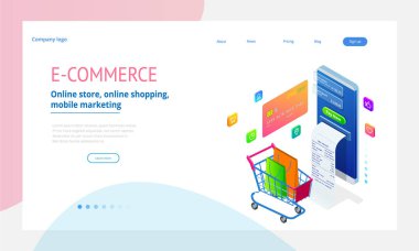 Online alışveriş, satış, tüketim ve Online mağaza. İzometrik akıllı smartphone online alışveriş şablonu. Mobil Pazarlama ve e-ticaret. Vektör çizim