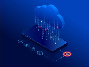 İzometrik modern bulut teknoloji ve ağ kavramı. Web bulut teknoloji iş. Internet Veri Hizmetleri vektör çizim.