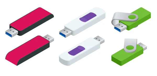 Isometrische Satz von USB-Sticks. USB-Stick isoliert auf weiß. USB-Stick, Gig-Stick, Diskettenschlüssel, Festplatte auf Schlüssel — Stockvektor