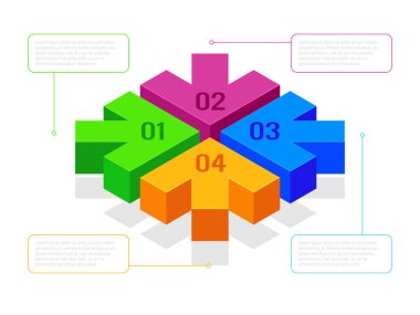 Akış çizelgesi, iş akışı veya işlem infographics izometrik oklarla. Sunular için sonraki adımlar okları. İzole vektör çizim