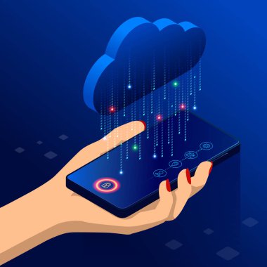 İzometrik modern bulut teknoloji ve ağ kavramı. Web bulut teknoloji iş. Internet Veri Hizmetleri vektör çizim.