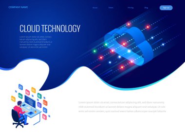 İzometrik modern bulut teknoloji ve ağ kavramı. Web bulut teknoloji iş. Internet Veri Hizmetleri vektör çizim.