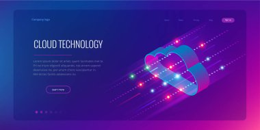 İzometrik modern bulut teknoloji ve ağ kavramı. Web bulut teknoloji iş. Internet Veri Hizmetleri vektör çizim.