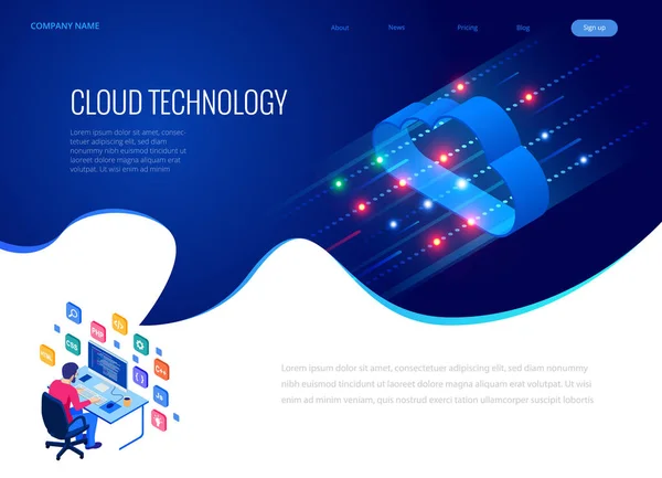 Isometrische moderne cloud technologie en netwerken concept. Web cloud technologie bedrijf. Internet gegevens diensten vectorillustratie. — Stockvector