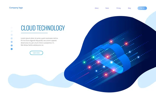 Tehnologia cloud modernă izometrică și conceptul de rețea. Web cloud tehnologie de afaceri. Servicii de date Internet ilustrare vectorială . — Vector de stoc