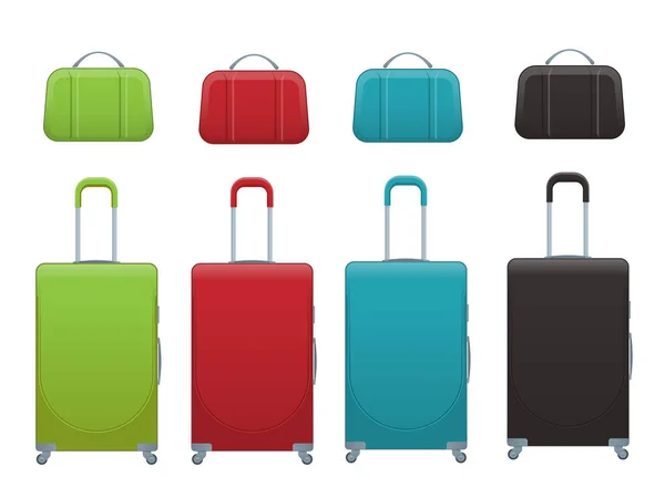 Différents colorés affaires et famille sac à bagages de voyage de vacances, bagage à main moderne. Ensemble de valises et sacs à dos isolés sur blanc . — Image vectorielle