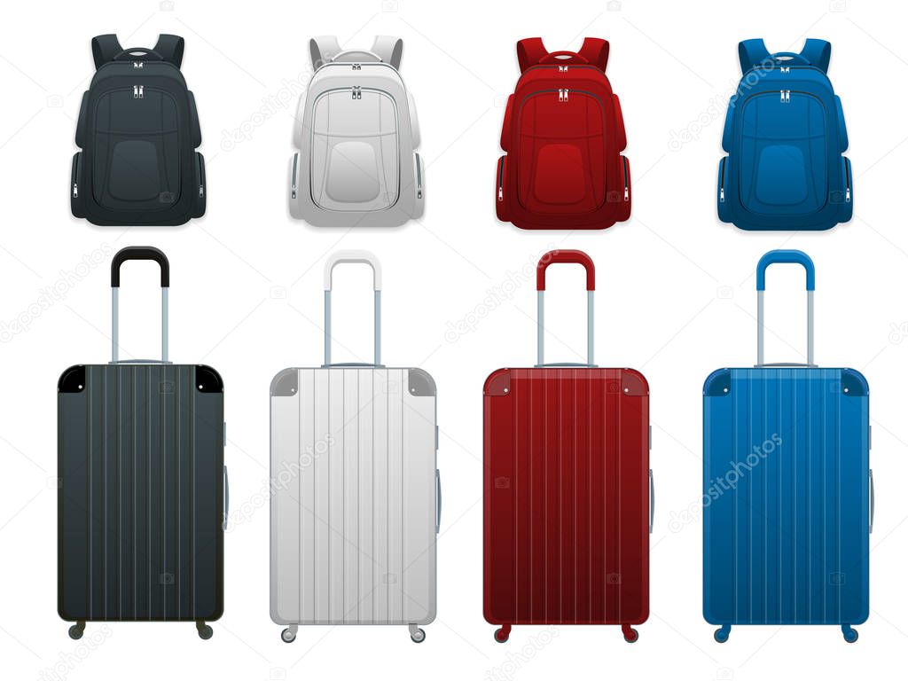 Different colorful Business and family vacation travel luggage bag, handbag baggage modern. Set of suitcases and backpacks isolated on white.