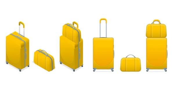 Isometrische verschillende kleurrijke Business en familie vakantie reizen bagage tas, handtas Bagage moderne. Aantal koffers en rugzakken geïsoleerd op wit. — Stockvector