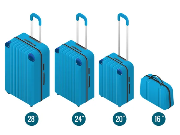 Sac à bagages de voyage d'affaires et de vacances Isometric bleu, bagage à main moderne. Ensemble de valises et sacs à dos isolés sur blanc . — Image vectorielle