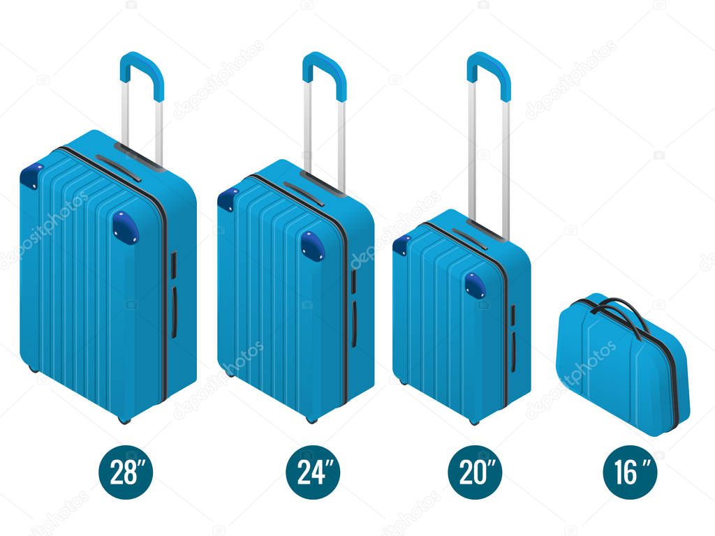 Isometric blue business and family vacation travel luggage bag, handbag baggage modern. Set of suitcases and backpacks isolated on white.