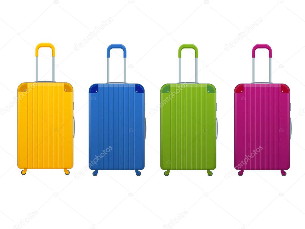 Different colorful Business and family vacation travel luggage bag, handbag baggage modern. Set of suitcases and backpacks isolated on white.