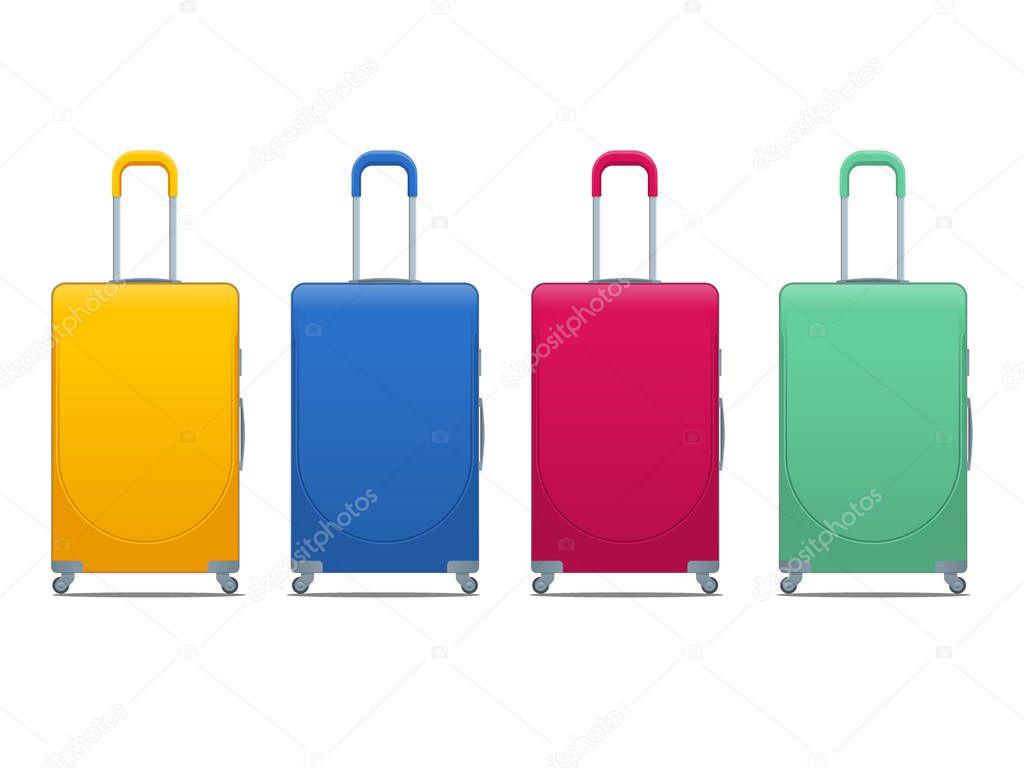 Different colorful Business and family vacation travel luggage bag, handbag baggage modern. Set of suitcases and backpacks isolated on white