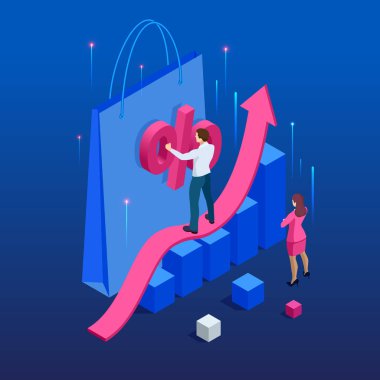Büyüme grafik istatistikleri, büyük bir indirim var, ihanet, perakende, Black Friday indirim. Yatırımcılar ve tüccarlar hedeflerine ulaşmak. Vektör izometrik çizim.