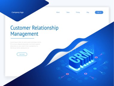 İzometrik Crm web afiş. Müşteri ilişkisi yönetimi kavramı. İş Internet teknoloji vektör çizim