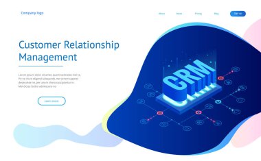 İzometrik Crm web afiş. Müşteri ilişkisi yönetimi kavramı. İş Internet teknoloji vektör çizim