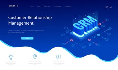İzometrik Crm web afiş. Müşteri ilişkisi yönetimi kavramı. İş Internet teknoloji vektör çizim