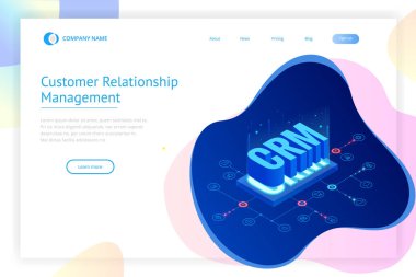 İzometrik Crm web afiş. Müşteri ilişkisi yönetimi kavramı. İş Internet teknoloji vektör çizim