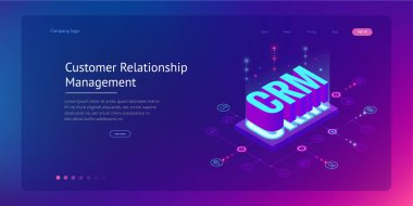 İzometrik Crm web afiş. Müşteri ilişkisi yönetimi kavramı. İş Internet teknoloji vektör çizim