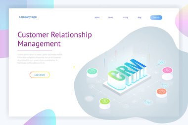 İzometrik Crm web afiş. Müşteri ilişkisi yönetimi kavramı. İş Internet teknoloji vektör çizim