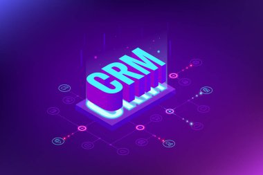 İzometrik Crm web afiş. Müşteri ilişkisi yönetimi kavramı. İş Internet teknoloji vektör çizim
