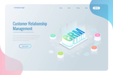 İzometrik Crm web afiş. Müşteri ilişkisi yönetimi kavramı. İş Internet teknoloji vektör çizim