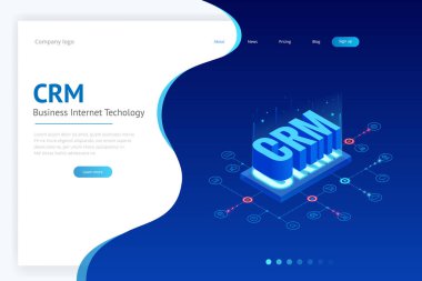 İzometrik Crm web afiş. Müşteri ilişkisi yönetimi kavramı. İş Internet teknoloji vektör çizim
